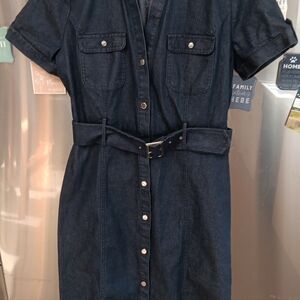 Apt. 9 Shirt Dress Women 8 Blue Denim Dark Wash Midi Belted Collared Pockets
